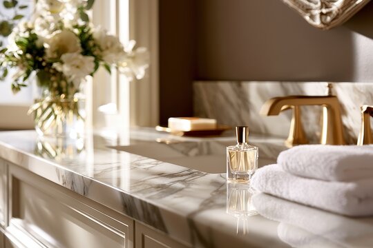 Luxury bathroom marble counter. Elegant spa concept.