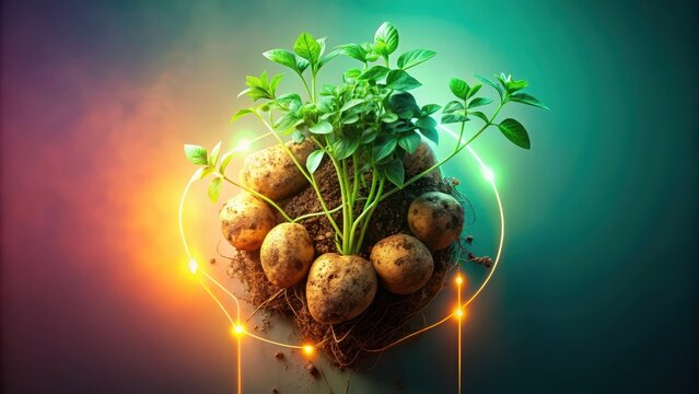 Top view of lush overgrown potato plant with leaves and seedlings sprouting on fertile soil top view lush overgrown potato plant leaves seedlings spro
