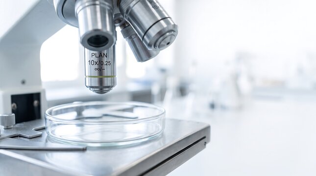 Microscope Lens and Petri Dish on Bright White Copy Space