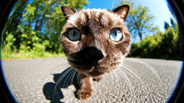 Fisheye view of seal point Siamese cat with blue eyes walking on asphalt road. Sunny day, green trees, clear blue sky, low angle close-up perspective.