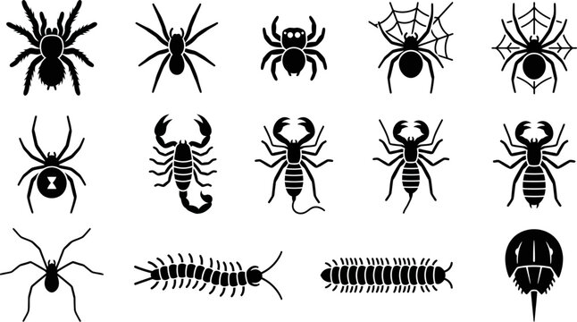 Set of black silhouette icons depicting various spiders scorpions and centipedes.