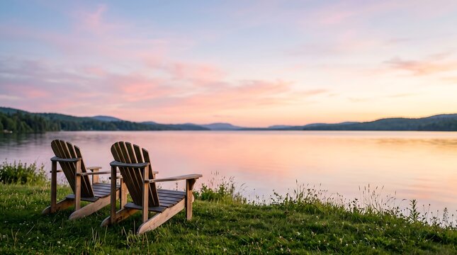 Empty Adirondack Chairs by the Lake with Sunset Sky Copy Space