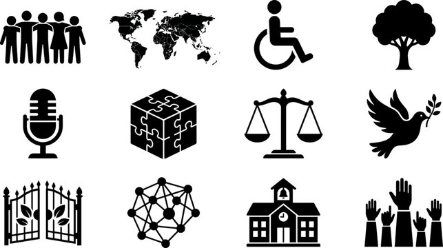 Set of Twelve Vector Icons Representing Various Social Concepts and Symbols.