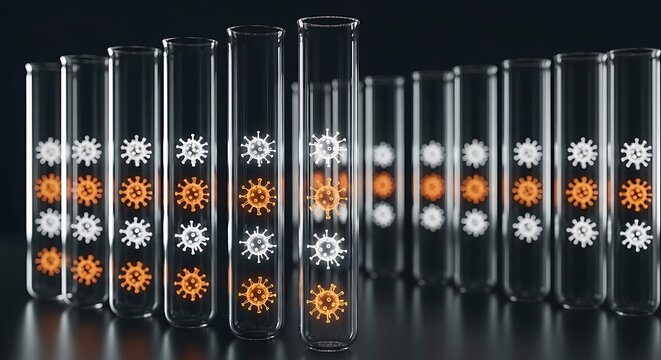 Test tubes display viral particles, some orange, representing a concept related to disease research
