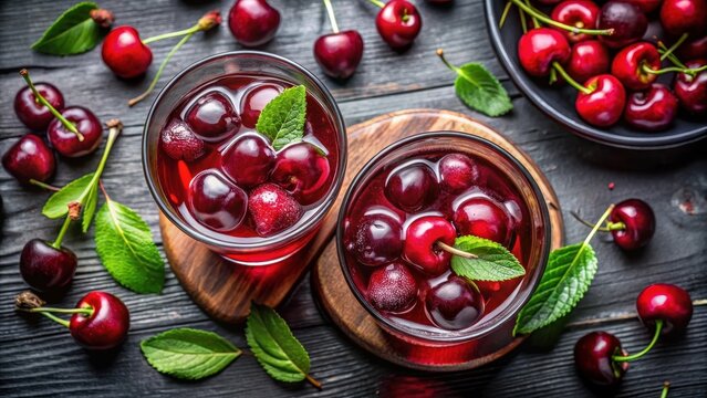 Two glasses of cherry juice with ice cubes and a bowl of cherries two glasses cherry juice ice cubes bowl cherries healthy eating mindful diet gourmet
