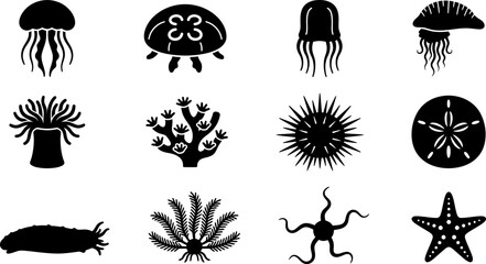 Set of marine animals and underwater life silhouette icons. © Dhea