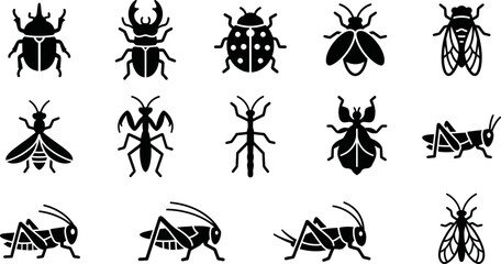 Collection of various insect and bug silhouette icons. © Dhea