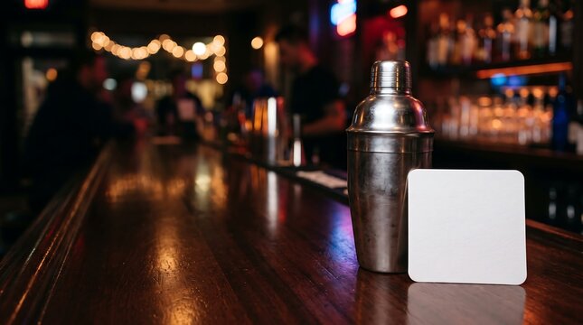 Cocktail Shaker and Blank Coaster on Dark Bar Counter Copy Space