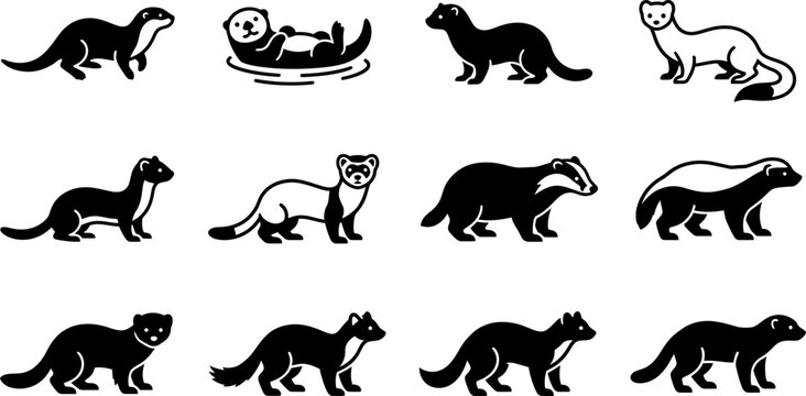Set of Various Mustelid Animal Silhouettes and Vector Icons.