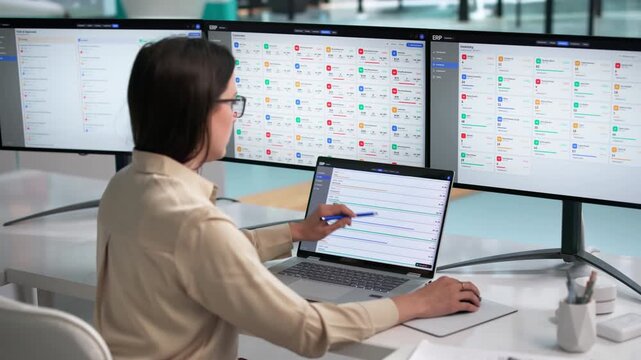 ERP Consultant Analyzes Enterprise Software Solutions On Laptop
