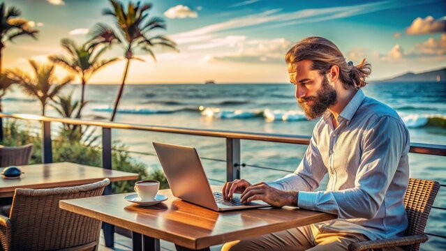Digital nomad working on a laptop at a beach cafe with a laptop and  coffee digital nomad working laptop beach cafe coffee artificial intelligence cyb