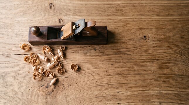 Wooden Hand Plane and Wood Shavings on Timber Copy Space
