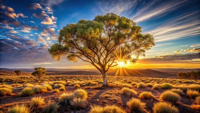 A hakea tree stands alone in the australian outback during sunset pilbara region western australia australia hakea tree stands alone australian outbac
