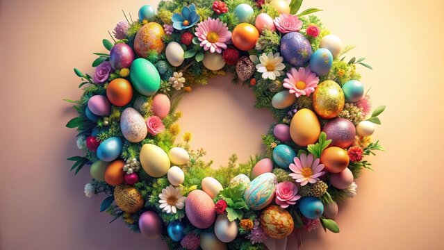 Colorful easter wreath with flowers and eggs on pastel background
