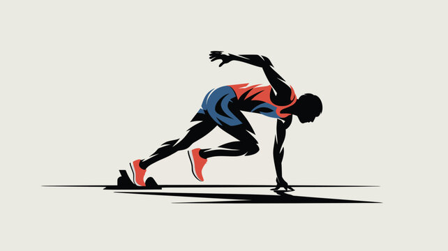 Sprinter in a starting position prepares for an explosive race start on a neutral background while showcasing the athletic focus and muscular tension required for competitive track events.