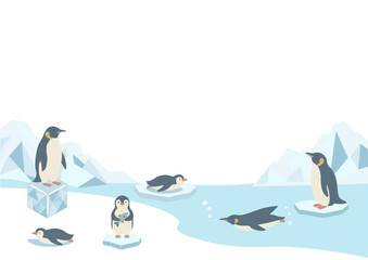 Obraz premium ペンギンの夏バナーイラスト 夏素材 夏フレーム 背景 フラットデザイン コピースペース付きイラスト かわいい