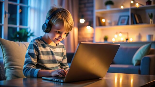 Little dependent gamer kid playing on laptop at home