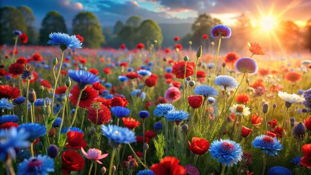 A field of flowers with a mix of red and blue flowers