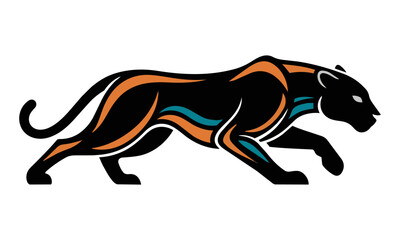 Fototapeta premium Stylized jaguar in a dynamic pouncing silhouette with bold, simplified lines and solid colors, isolated on white. Minimalist wild animal concept