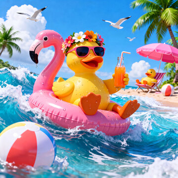 Cheerful yellow duck in pink sunglasses floats on a flamingo ring, sipping juice amidst ocean waves on a sunny tropical beach.