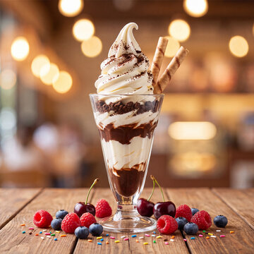 Delicious layered vanilla soft serve parfait with chocolate sauce, cookie crumbles, and wafer rolls, garnished with fresh berries on a rustic table.