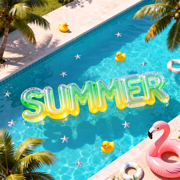 Vibrant Overhead View of a Sparkling Swimming Pool Adorned with Gradient 'SUMMER' Inflatable Letters and Festive Floats
