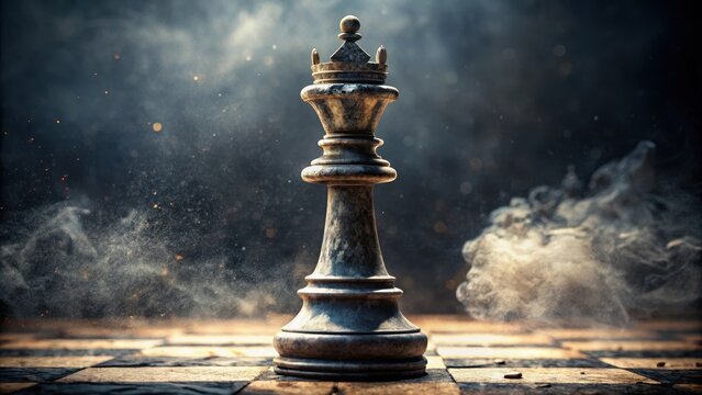 Stone chess king piece a symbol of strategy and power in a dark game setting with dust motes