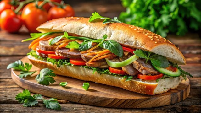 Vietnamese banh mi sandwich with grilled pork and pickled vegetables