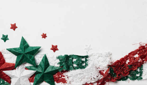Red Green White Paper Stars Border on White Background