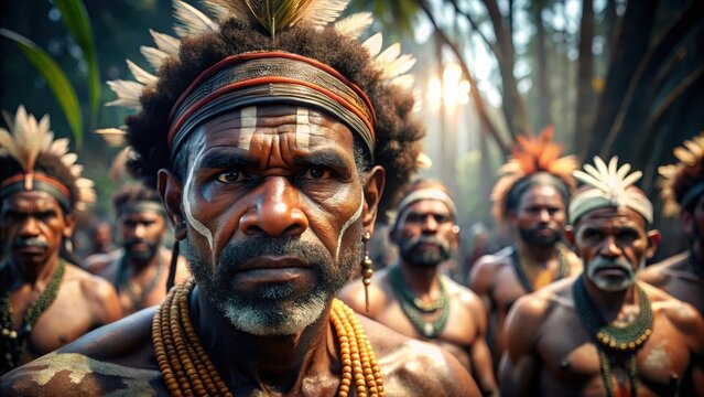 The chief of an aboriginal australian tribe with tribe members in the background
