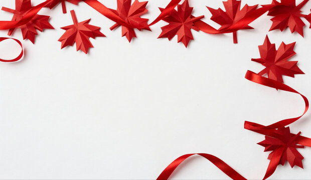 Red Paper Maple Leaves and Ribbon Border on White Background