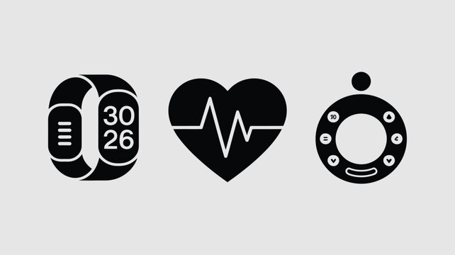 Smartwatch and heart rate symbols represent modern health tracking technology for fitness monitoring and daily activity analytics in a clean and highly readable digital interface design.