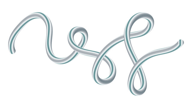 Abstract silver wire swirl vector, metallic chrome curved line element, 3D glossy steel cable illustration for modern tech branding