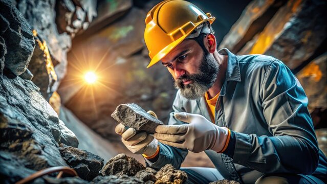 Geologist examining rock core samples in protective gloves for mineral exploration and geological analysis at mining site
