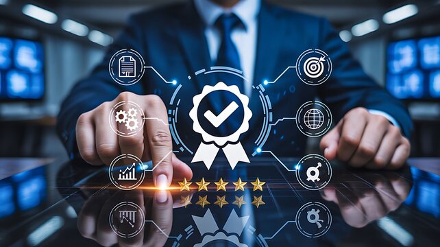 Digital quality assurance certification concept with verified badge and business compliance