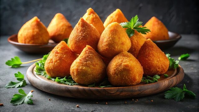 Traditional fried coxinhas de frango on grey background