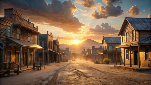 An old western town at sunset with dusty streets and vintage buildings