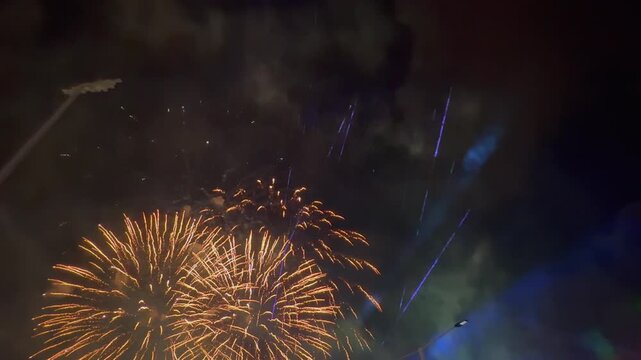 Spectacular fireworks and laser light show illuminating the night sky in Mahe during the 50th Independence Day anniversary celebration of Seychelles.