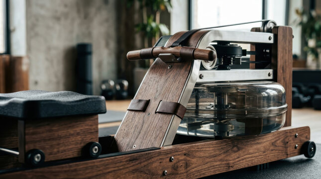 Water rowing machine in a modern gym interior with wooden frame detail