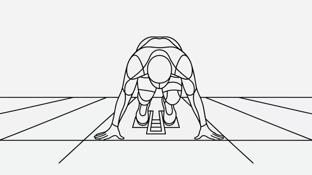 Runner in a starting block position prepares for a race on a track to embody determination and the drive to succeed in athletic performance and competitive sports development training.