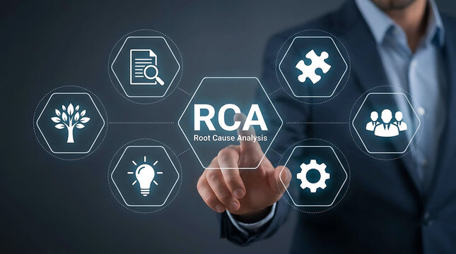 RCA root cause analysis concept with business problem solving interface