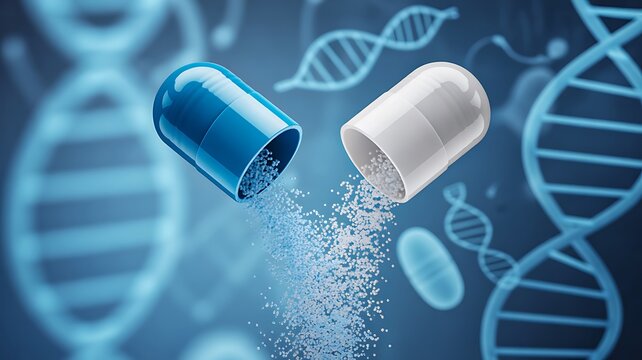 Open medical capsule releasing powder with dna genetics and biotechnology background