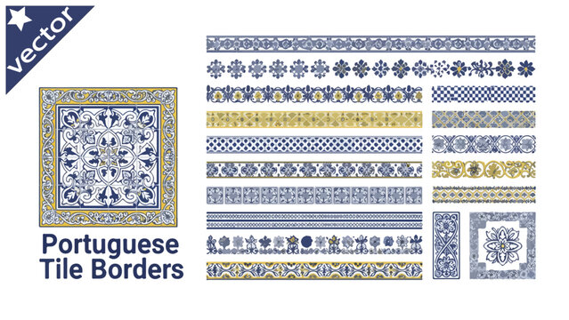 Portuguese tile borders set, blue and yellow azulejo ceramic pattern collection, mediterranean floral mosaic frames, decorative vector borders