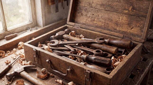 Antique wooden toolbox filled with rusty tools on a workbench by a window