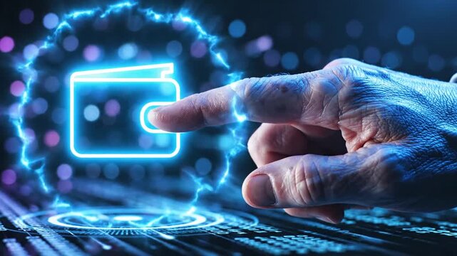 Hand touching glowing digital wallet icon representing secure online banking and cryptocurrency storage