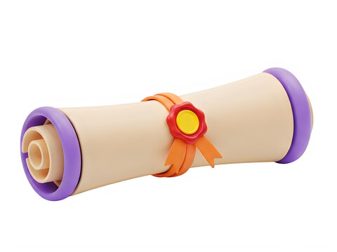 A rolled paper scroll with a red wax seal and purple ends isolated on transparent background