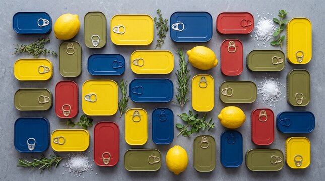 Colorful sardine tins flat lay with lemons and herbs on grey stone