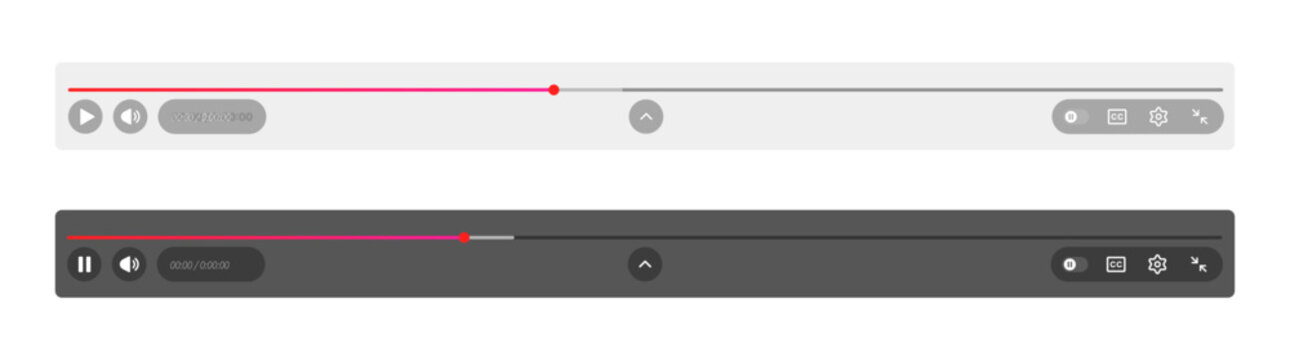 Video player control bar overlay UI template with light and dark mode multimedia streaming interface PNG set