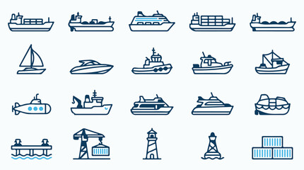 Cargo shipping and maritime vessel outline icon set, blue vector icons of container ships, boats, lighthouse, and port equipment © Mahmud