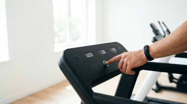 Human hand pressing button on treadmill control panel in indoor gym